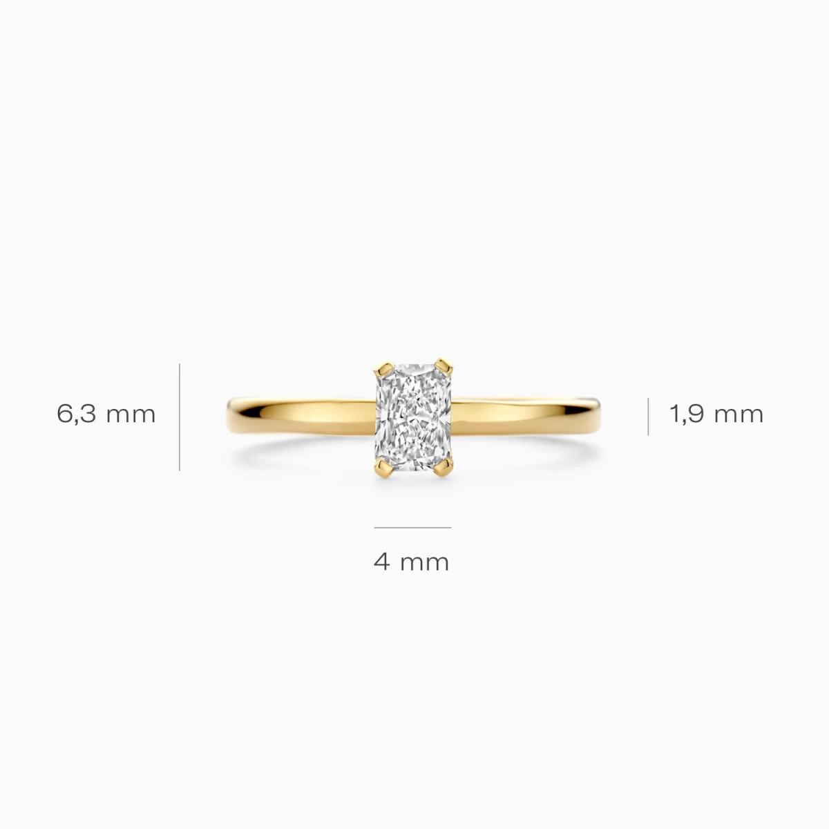Blush Lab Diamonds LG1020Y gouden solitair ring met rechthoekige 0.50 crt lab grown diamant 1.9 mm breed