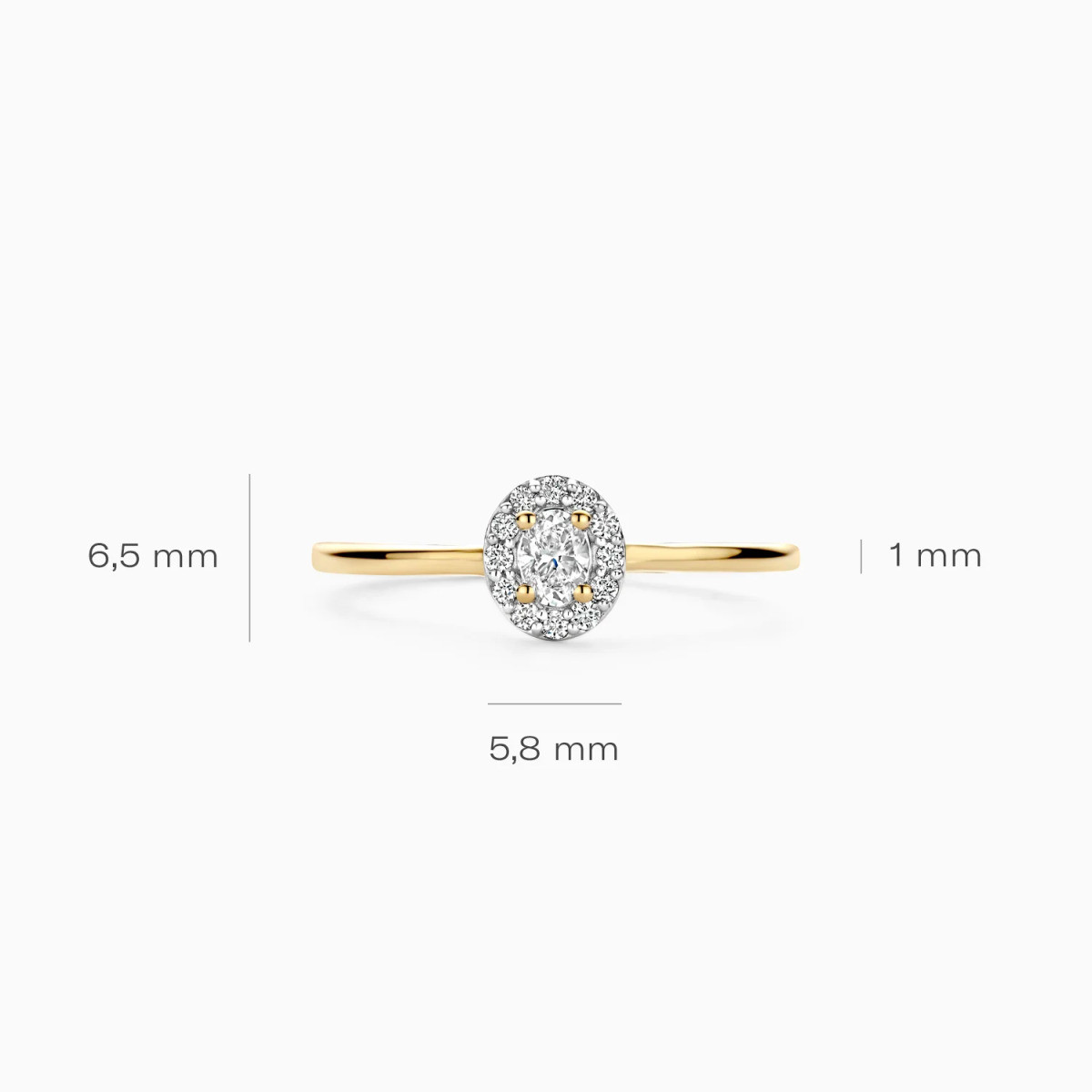 Blush Lab Diamonds LG1021Y gouden halo ring met ovale 0.12 crt lab grown diamant 1 mm breed