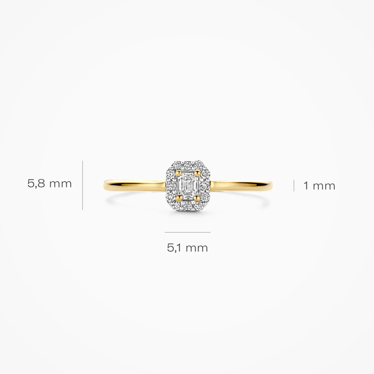 Blush Lab Diamonds LG1022Y gouden vierkante halo ring met lab grown diamant 0.17 crt 1 mm breed
