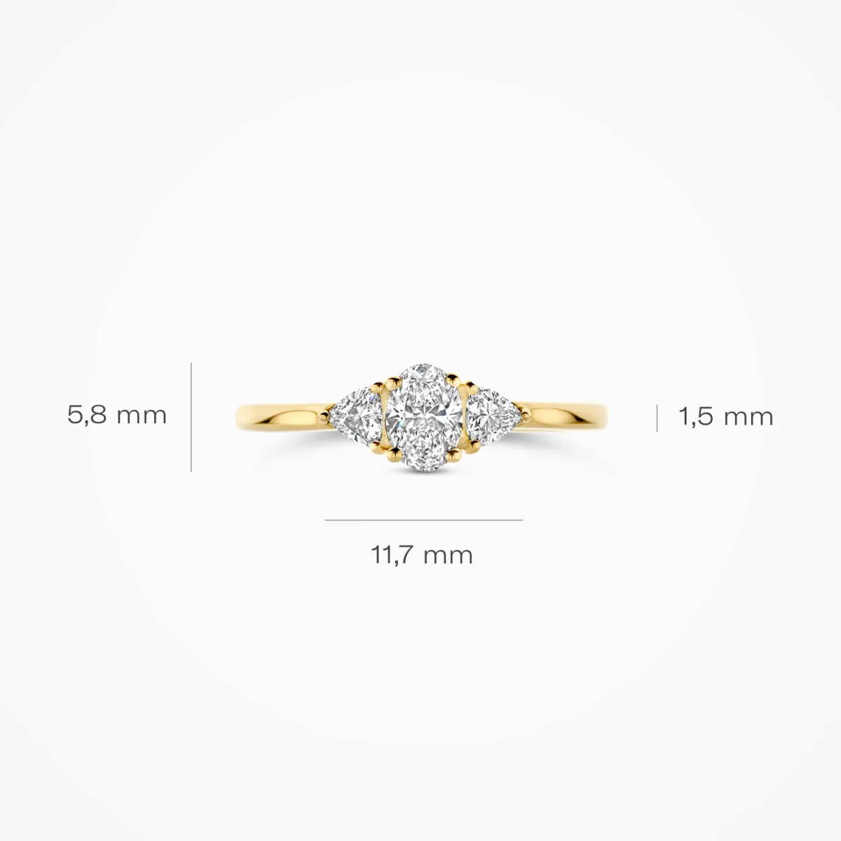 Blush Lab Diamonds LG1039Y gouden trilogy ring met 0.55 crt lab grown diamanten 1.5 mm breed