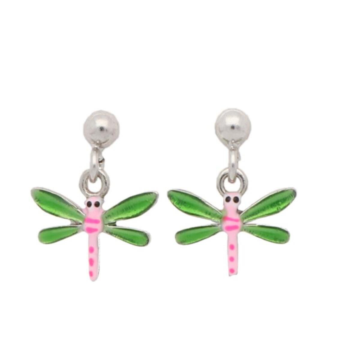 Lapetra LPOH0085 emaille oorhangers met groen roze libelle van zilver - 5 mm breed