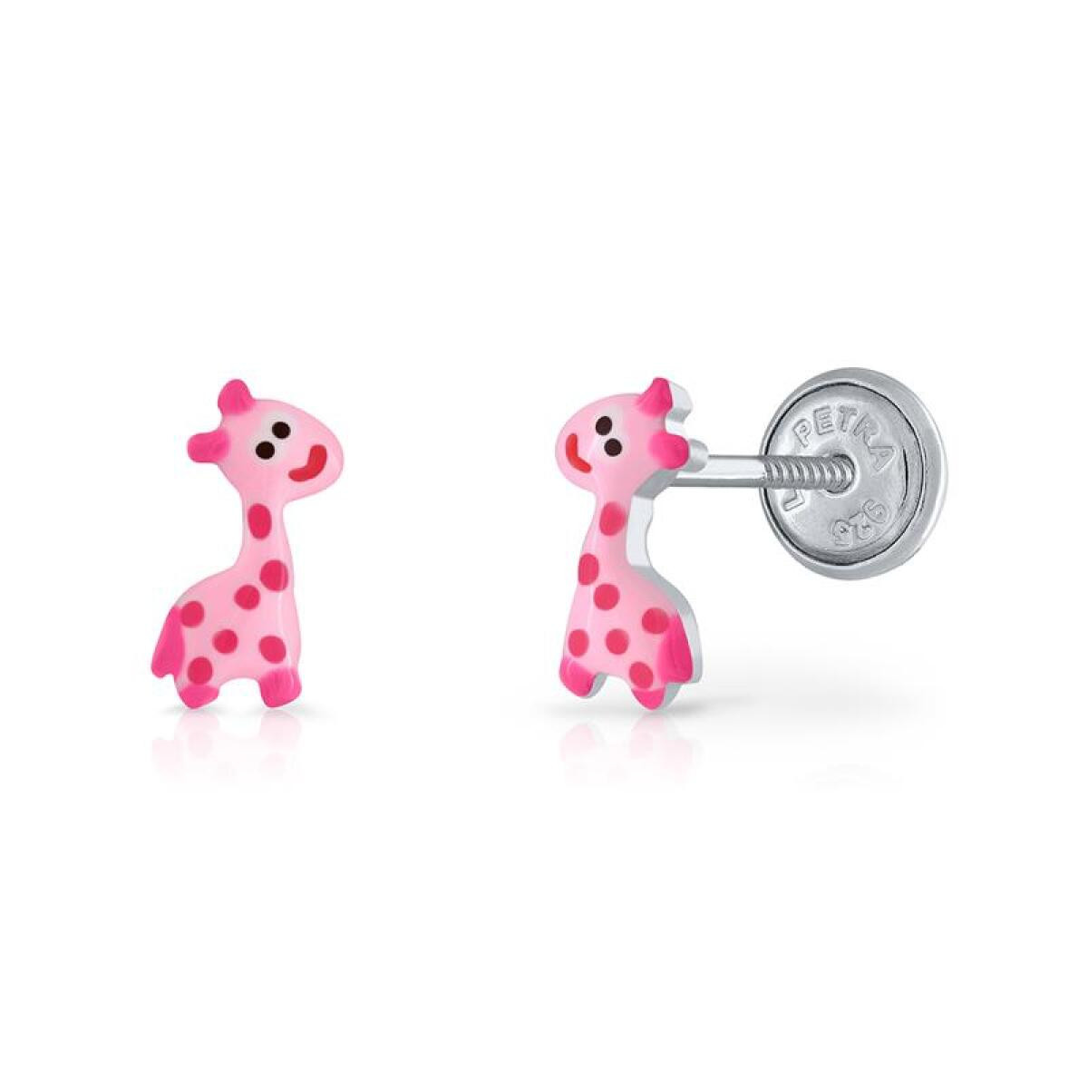 Lapetra LPOS0080 zilveren kinderoorknopjes met roze giraf van emaille 4 mm breed - Hoogte 9 mm