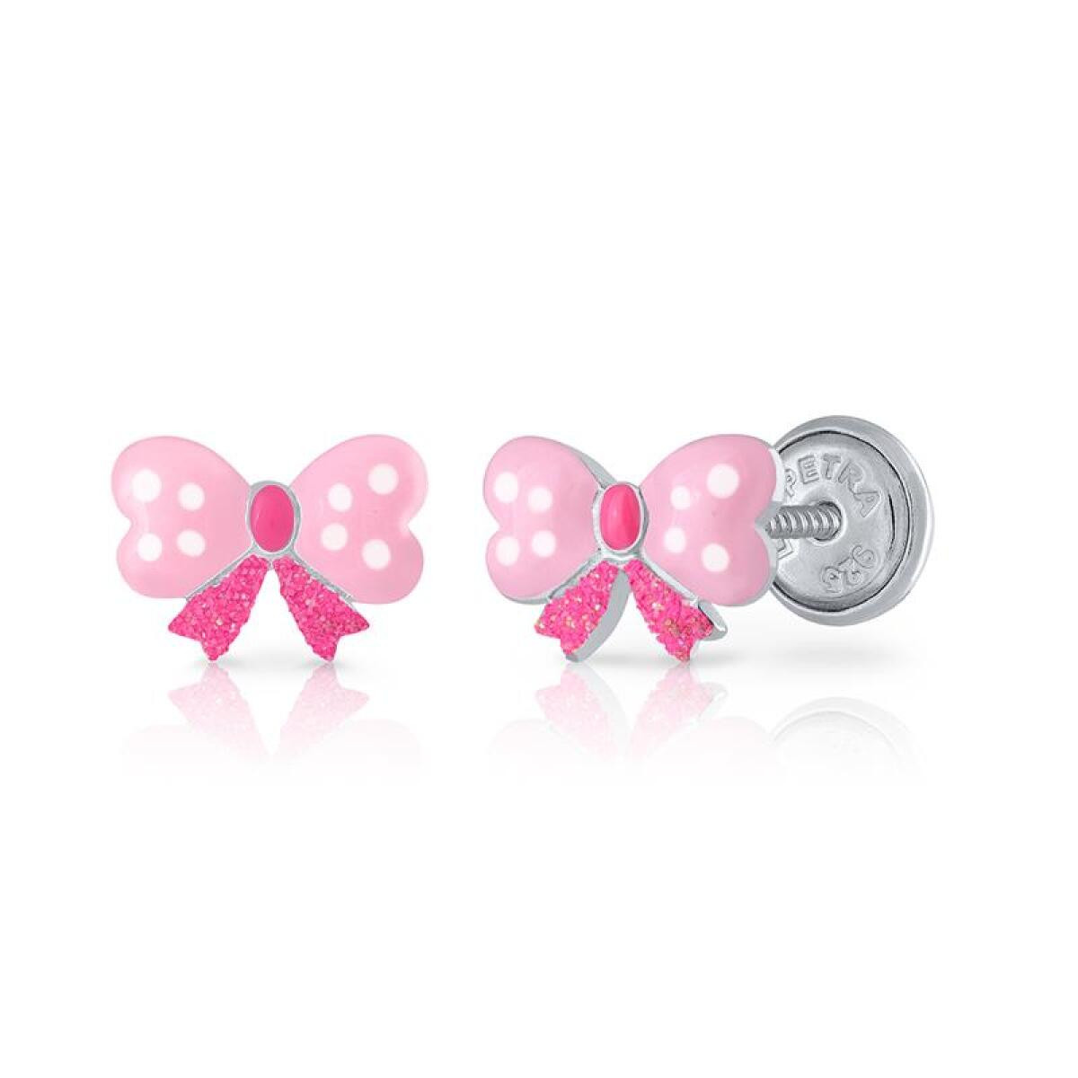 Lapetra LPOS0121 zilveren kinderoorknopjes met roze strik van emaille 8 mm breed - Hoogte 5 mm