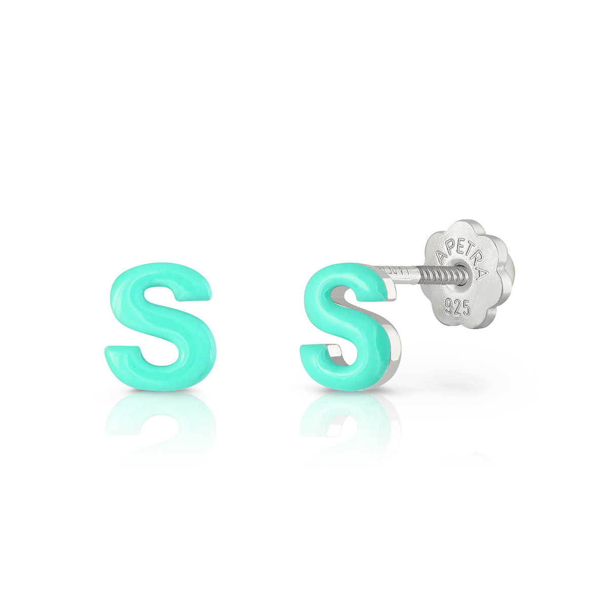 Lapetra LPOSTT-S zilveren oorknopjes met turquoise letter S emaille 6 mm breed - Hoogte 6 mm
