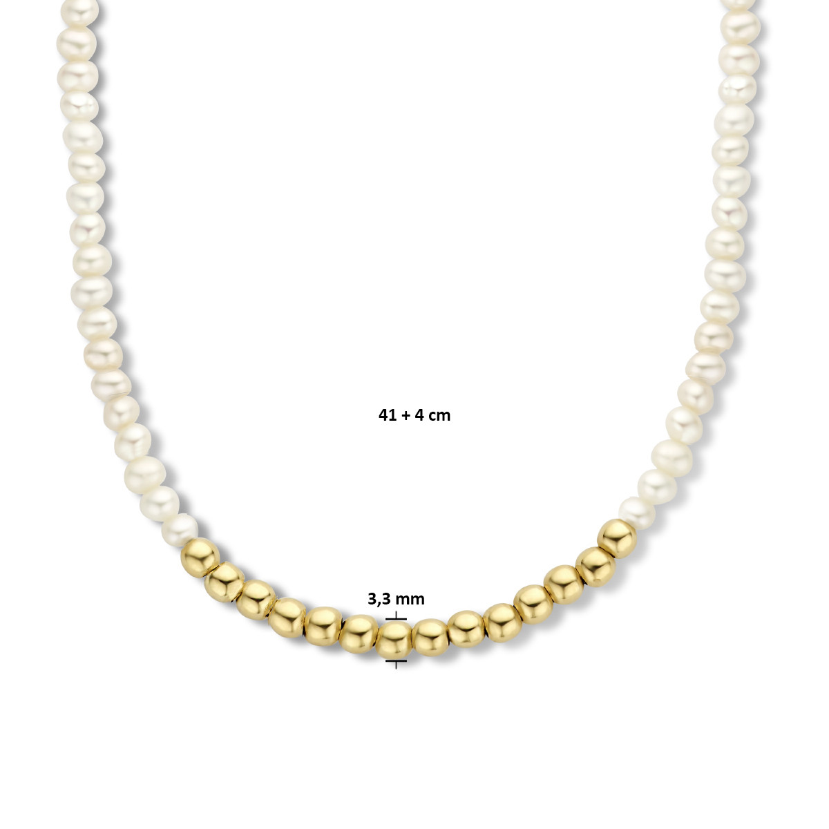 14-karaat 3.3 mm ketting met zoetwaterparels en bolletjes - Lengte 41 + 4 cm