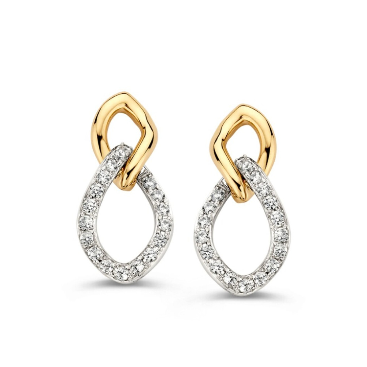 14-karaat bicolor druppelvormige oorhangers met transparante zirkonia - 18 x 9 mm