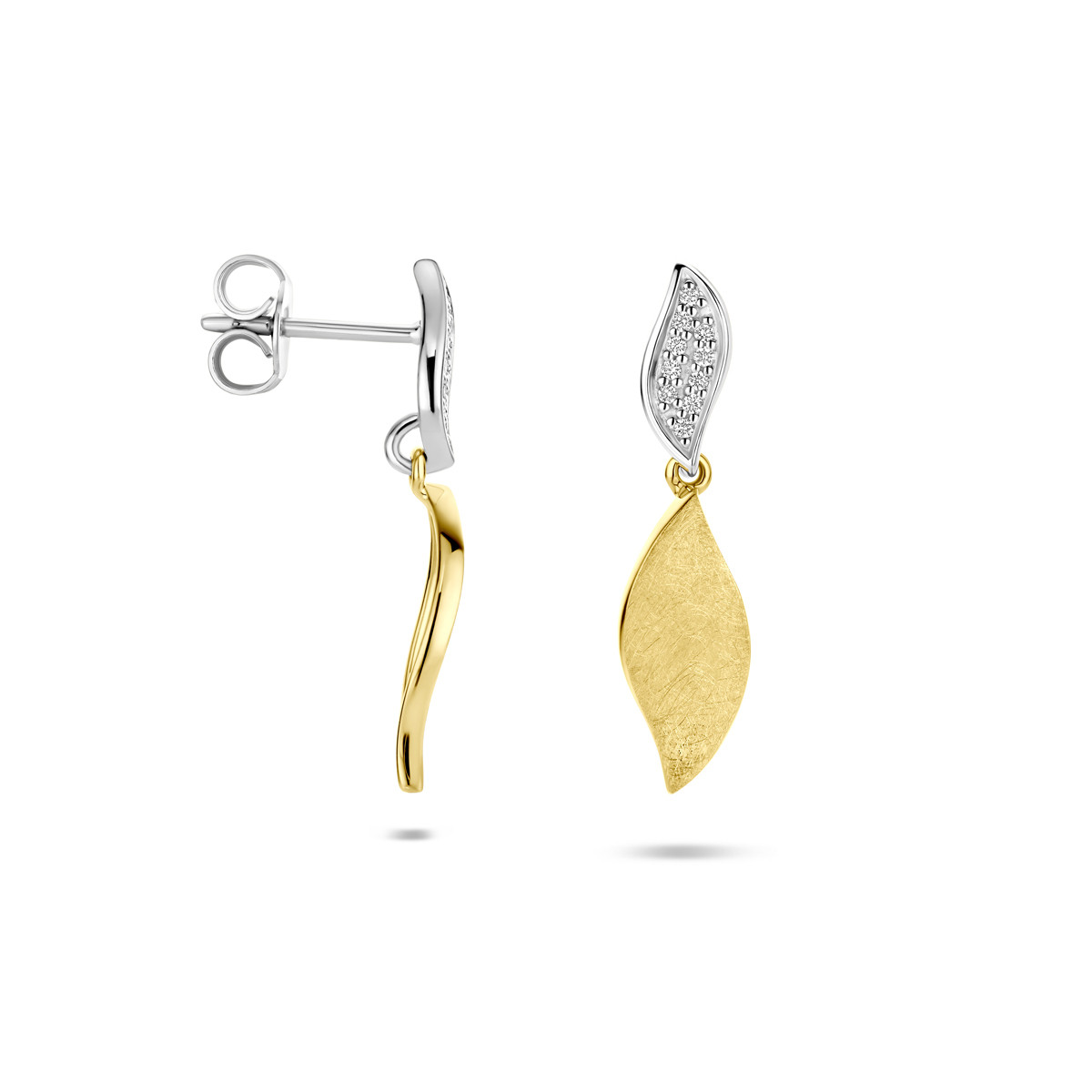 14-karaat bicolor oorhangers met diamanten 0.06 crt organische vorm 6 mm breed - Hoogte 24 mm