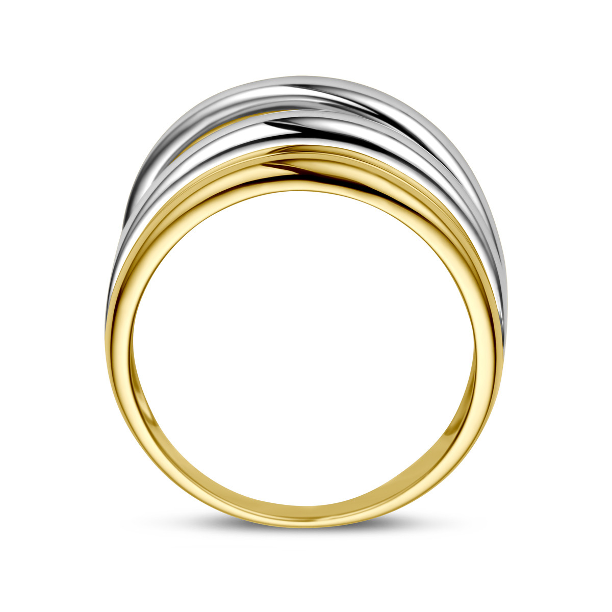 14-karaat bicolor ring met overlappende gouden en witgouden banden 12 mm breed