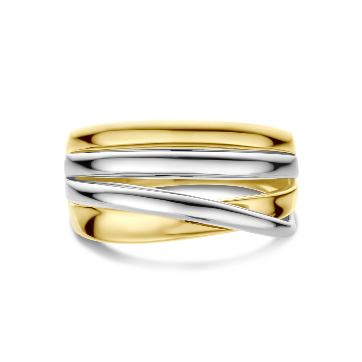 14-karaat bicolor ring met overlappende gouden en witgouden banden 12 mm breed