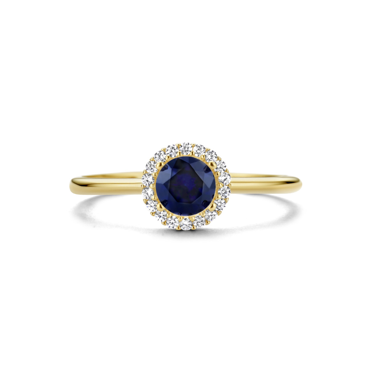 14-karaat entourage ring met blauwe zirkonia
