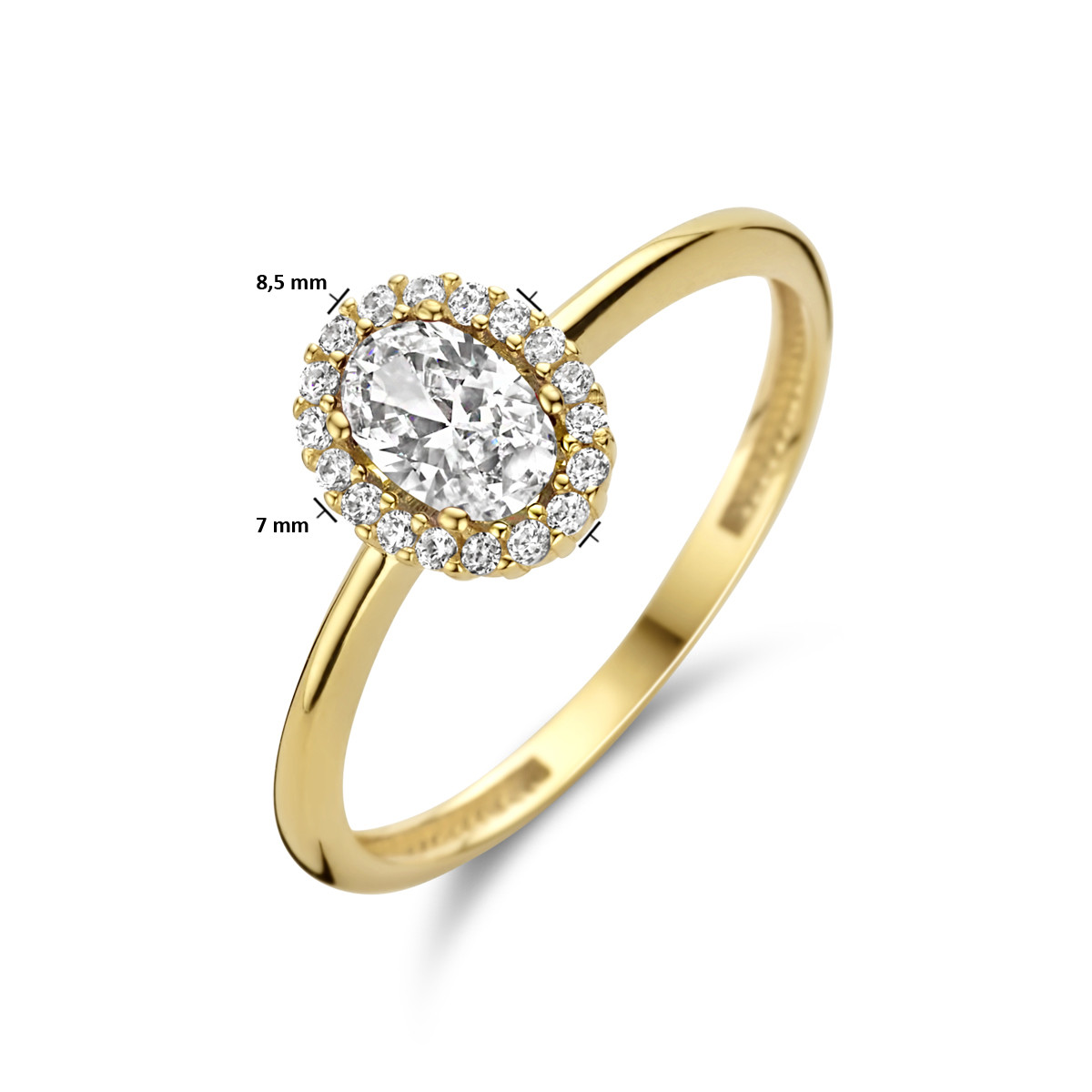14-karaat geelgouden ring met zirkonia's 8.5 mm