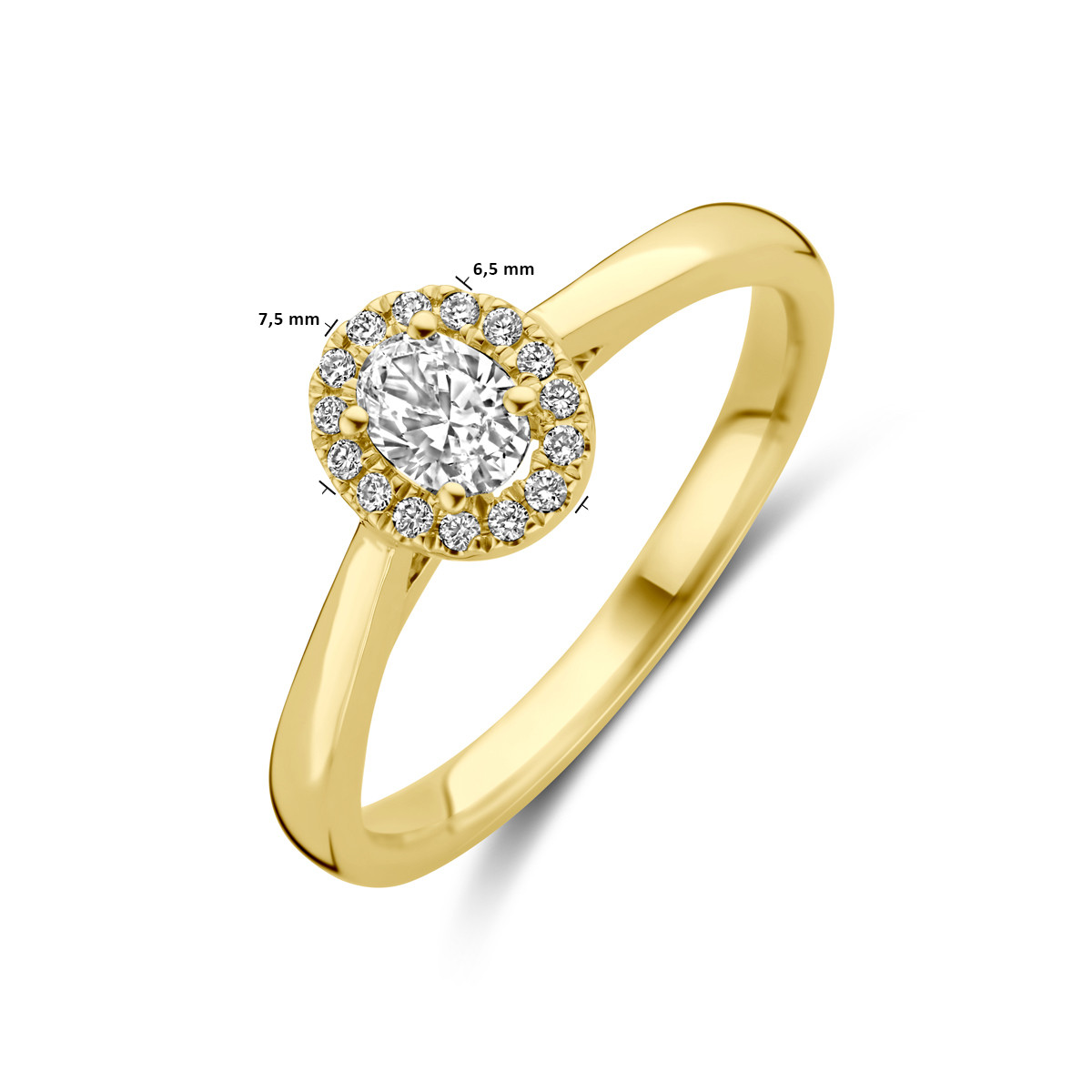 14-karaat glanzende gouden ring met ovale lab grown 0.32 crt diamant 6.5 mm breed
