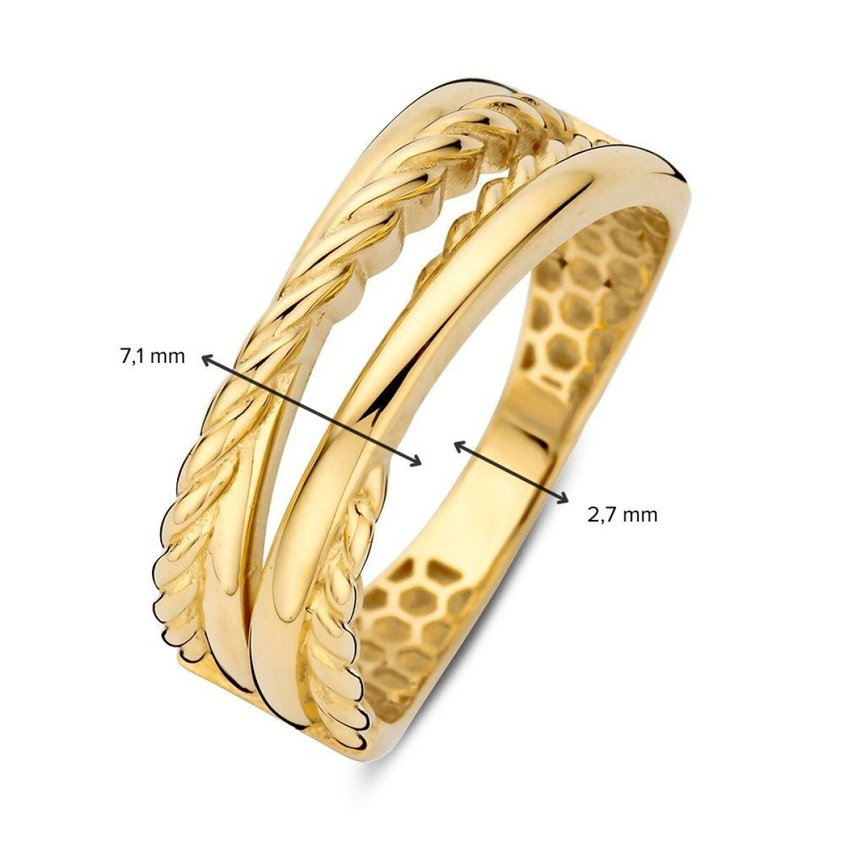 14-karaat glanzende gouden ring met vier banen 7.1 mm breed