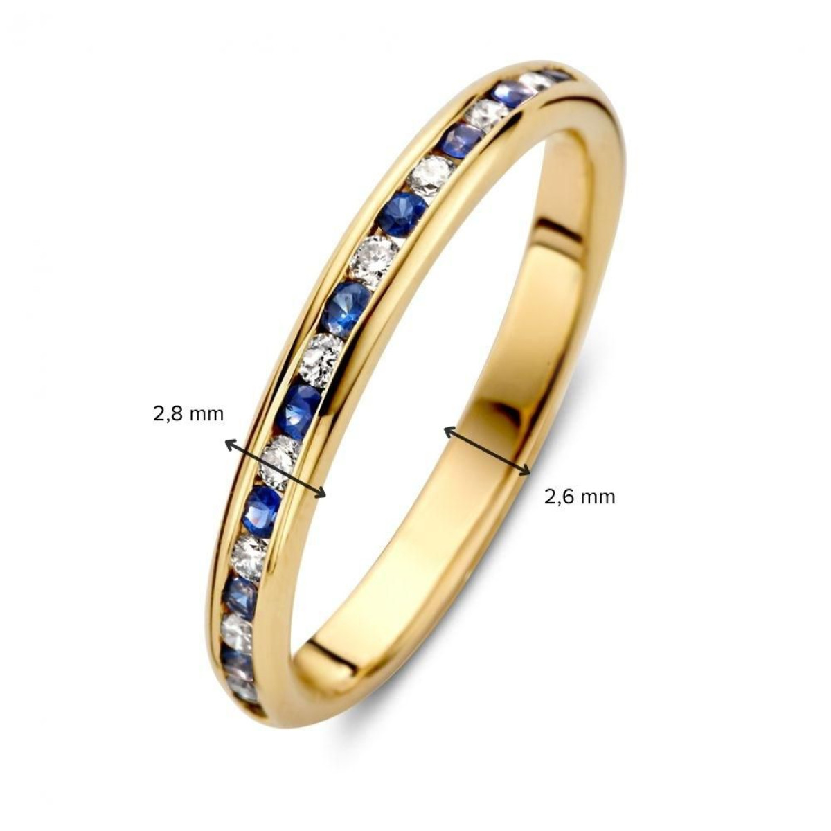 14-karaat gouden aanschuifring met blauwe saffier stenen en diamanten 0.16 crt van 2.8 mm