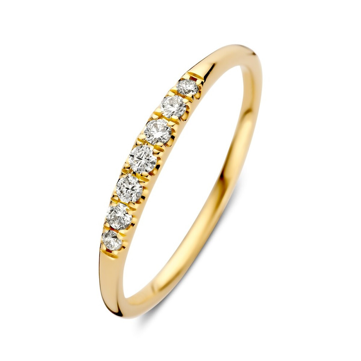 14-karaat gouden alliance ring met 7 transparante diamanten 0.16 crt 2.5 mm breed