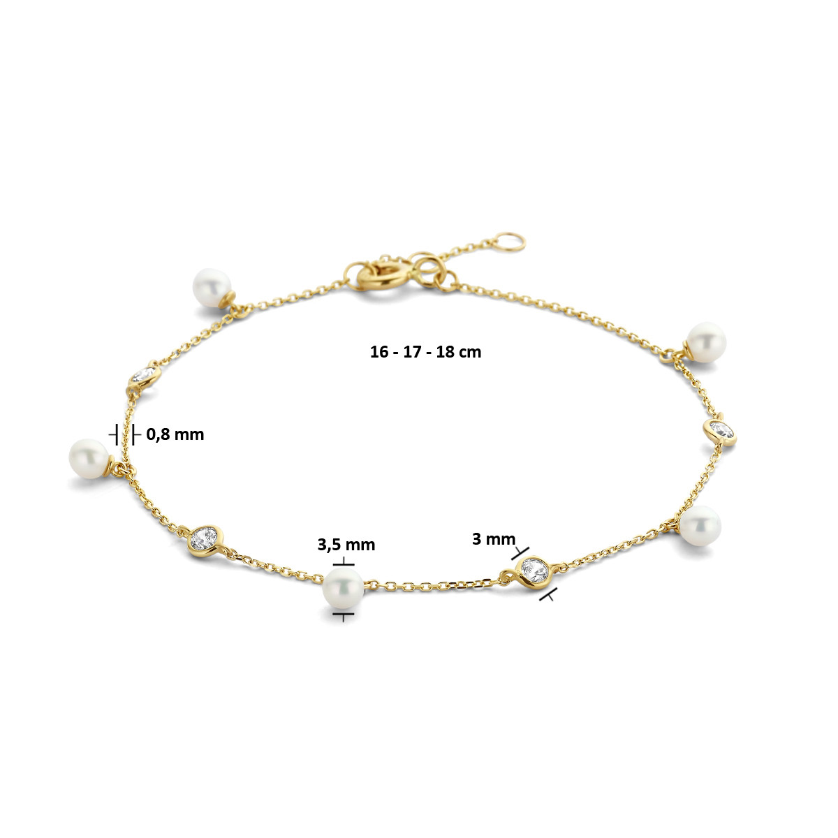 14-karaat gouden ankerarmband met parels en zirkonia's 3 mm breed - Lengte 16-17-18 cm
