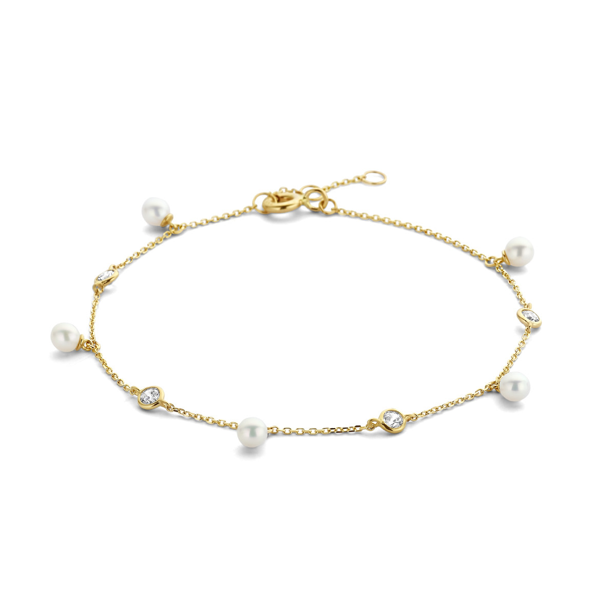 14-karaat gouden ankerarmband met parels en zirkonia's 3 mm breed - Lengte 16-17-18 cm