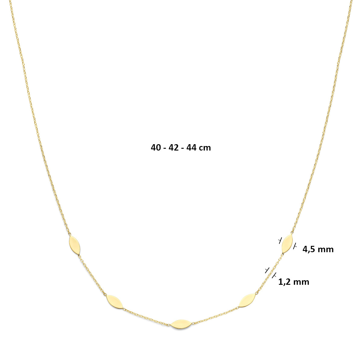 14-karaat gouden ankerketting met glanzende ovale elementen - Lengte 40-42-44 cm