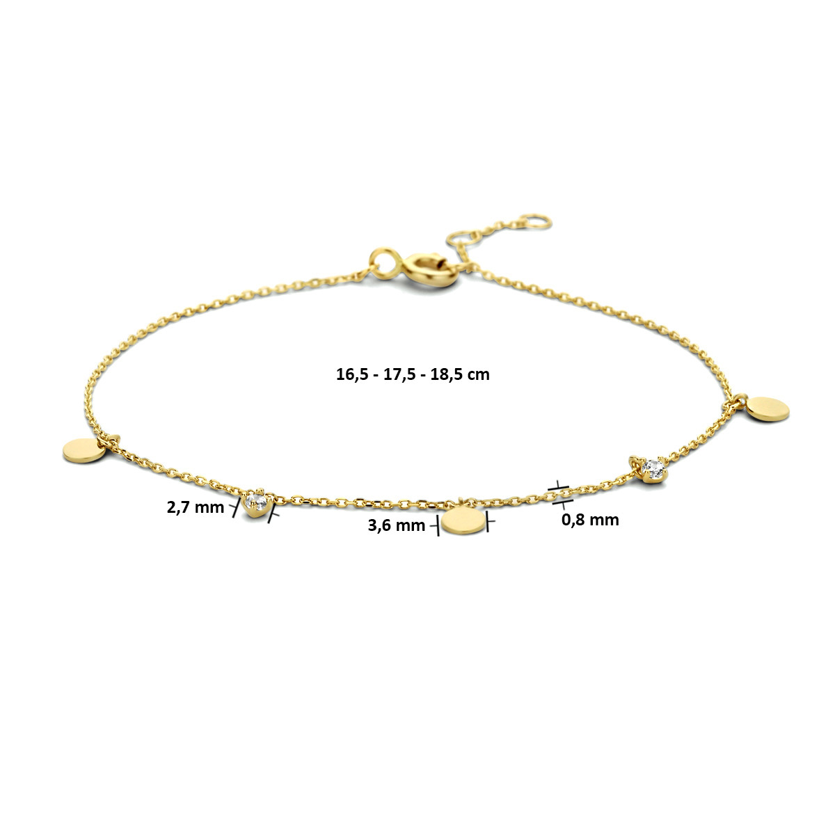14-karaat gouden armband ankerschakel zirkonia 3.6 mm breed - Lengte 16.5-17.5-18.5 cm