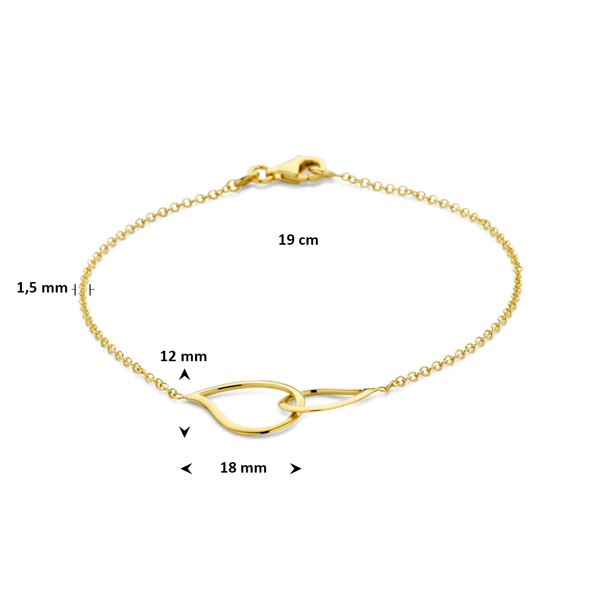 14-karaat gouden armband met 2 verbonden druppelhangers 1.5 mm breed - Lengte 19 cm