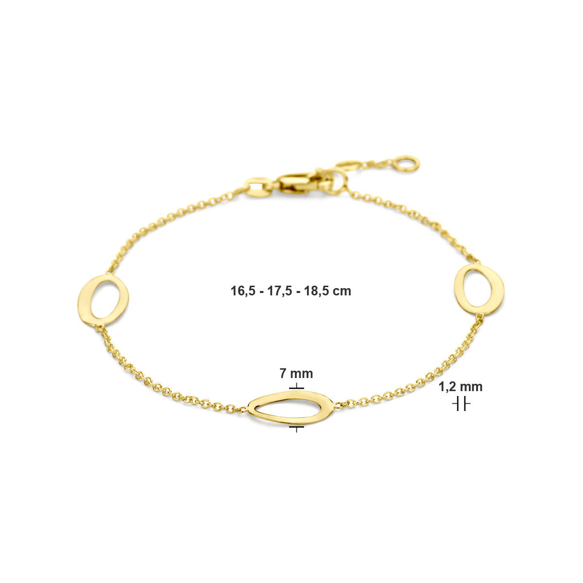 14-karaat gouden armband met 3 open ovaaltjes - Lengte 16.5-17.5-18.5 cm