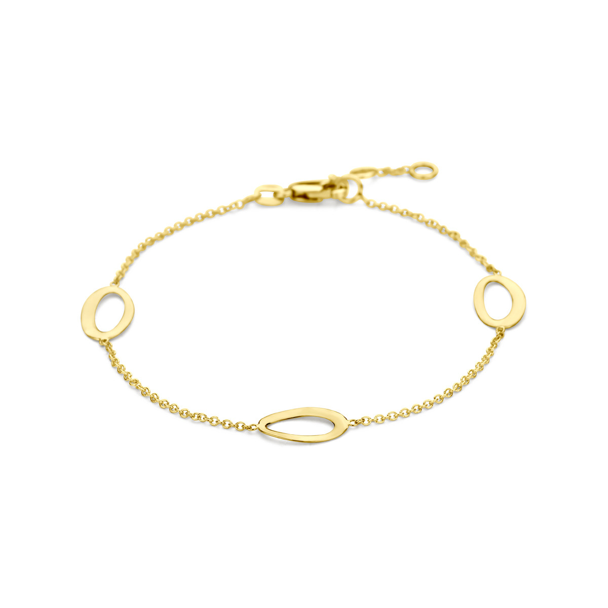 14-karaat gouden armband met 3 open ovaaltjes - Lengte 16.5-17.5-18.5 cm