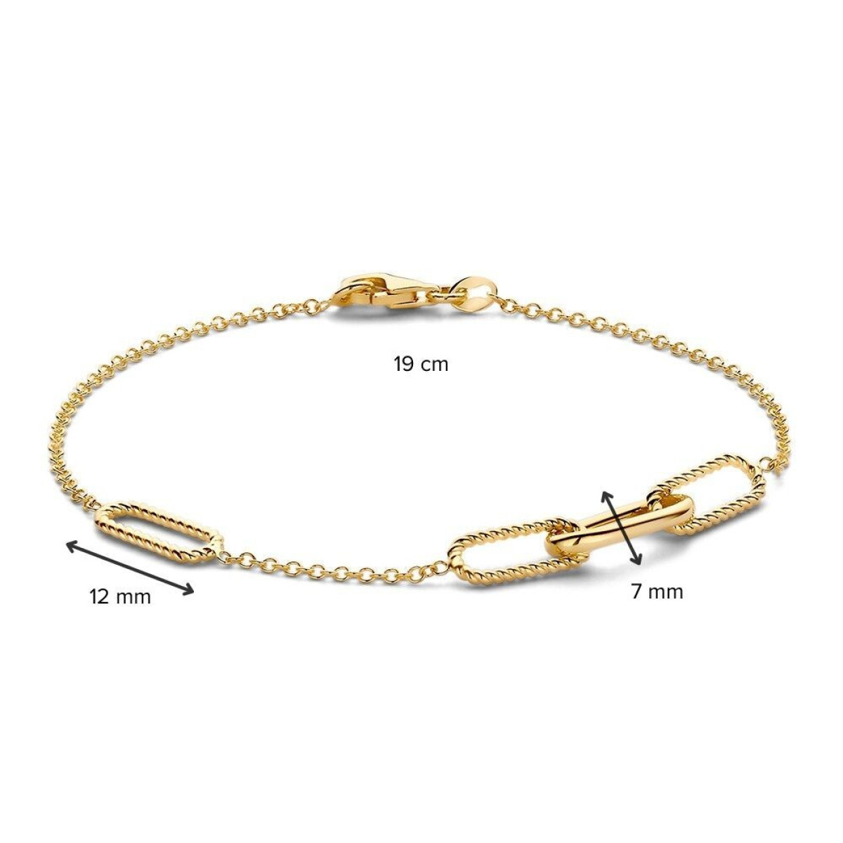14-karaat gouden armband met 4 glanzende en gedraaide paperclip schakels - Lengte 19 cm