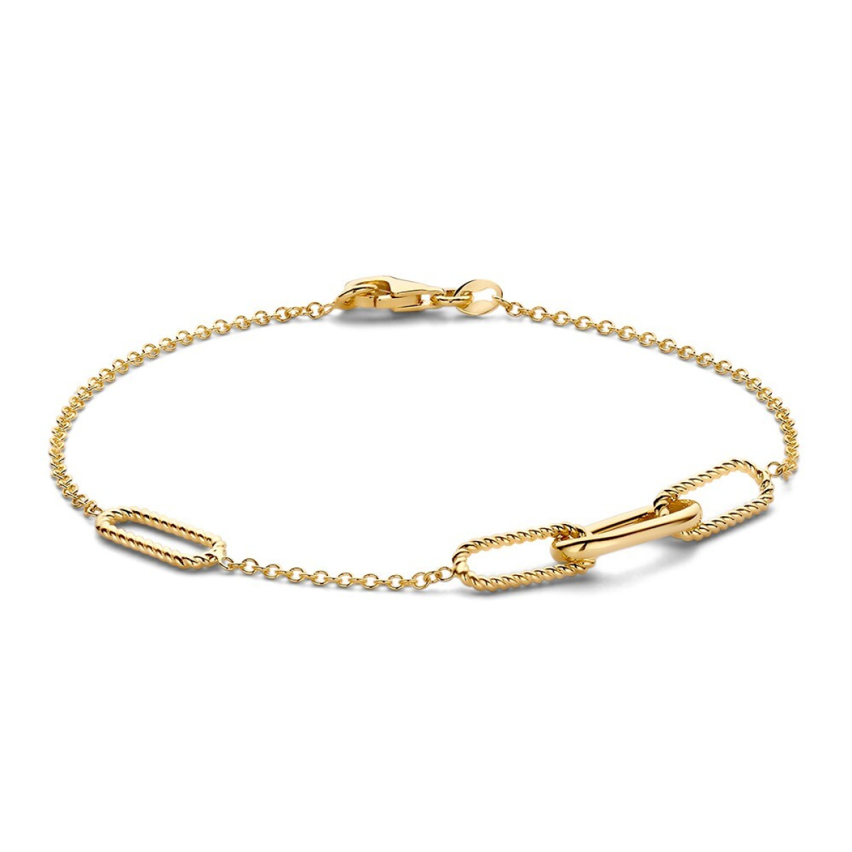 14-karaat gouden armband met 4 glanzende en gedraaide paperclip schakels - Lengte 19 cm