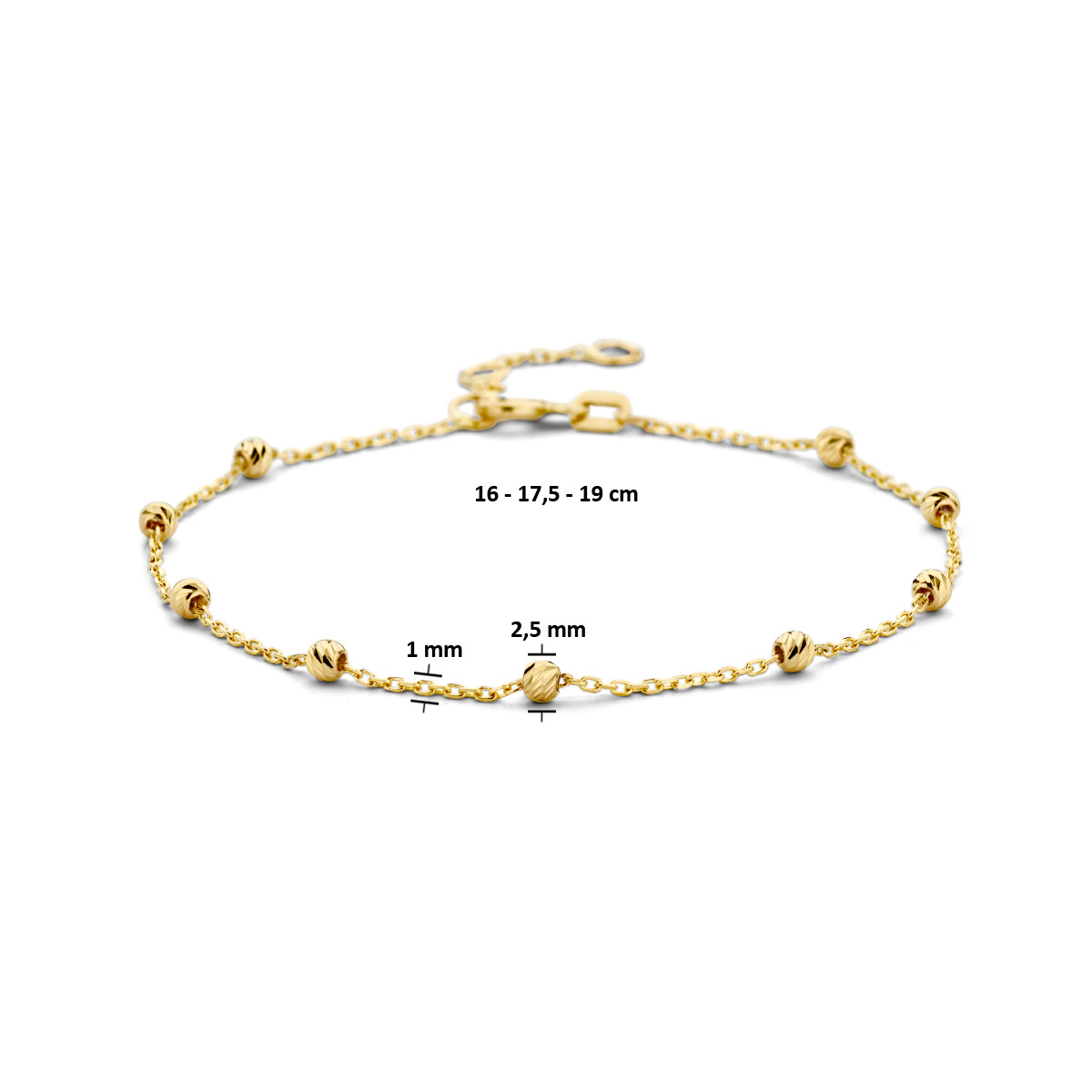 14-karaat gouden armband met gediamanteerde bolletjes - Lengte 16 cm, 17.5 cm, 19 cm