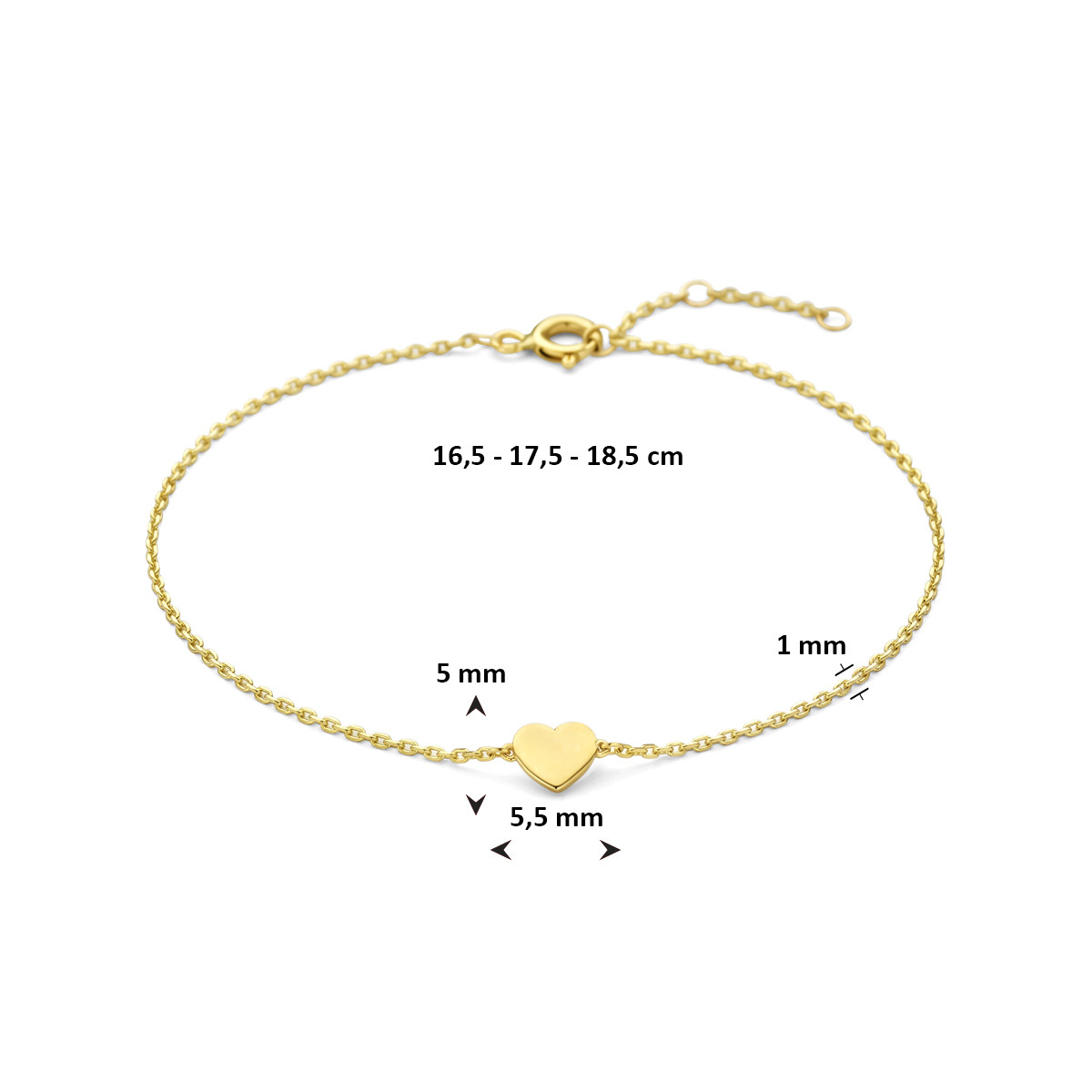 14-karaat gouden armband met hart hanger 1 mm breed - Lengte 16.5-17.5-18.5 cm