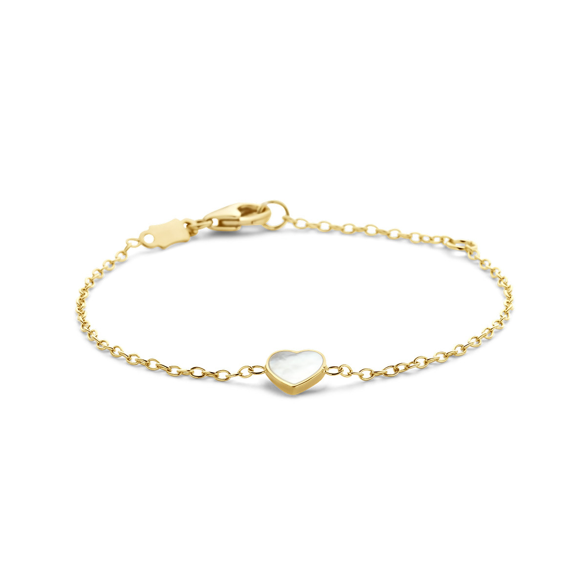 14-karaat gouden armband met hartje en witte parelmoer - Lengte 11 - 13 cm
