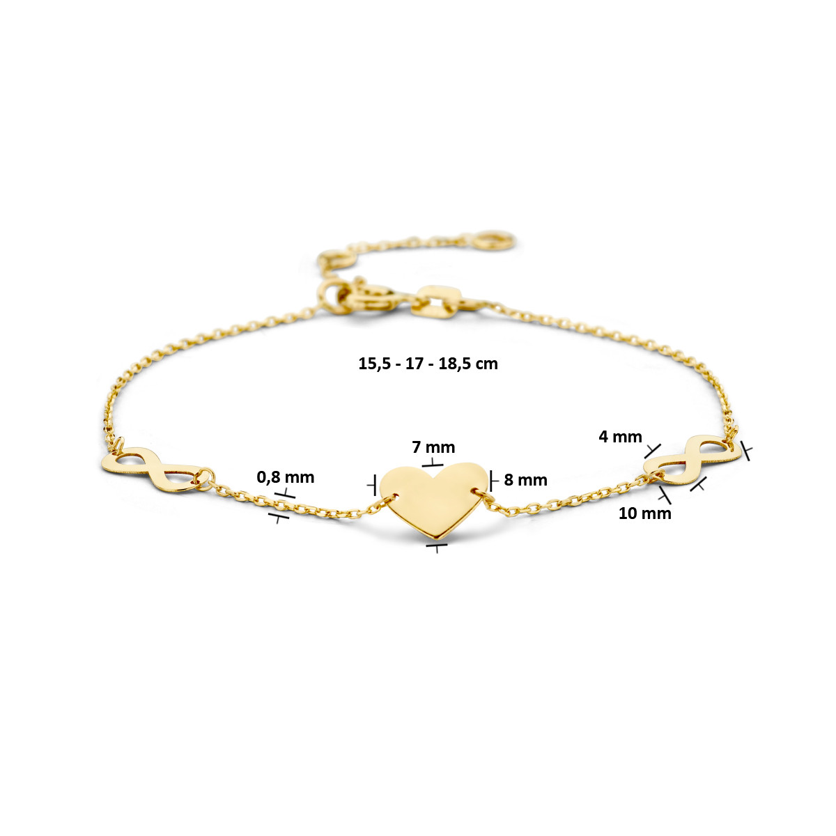 14-karaat gouden armband met infinity en hartje - Lengte 15.5 cm, 17 cm, 18.5 cm