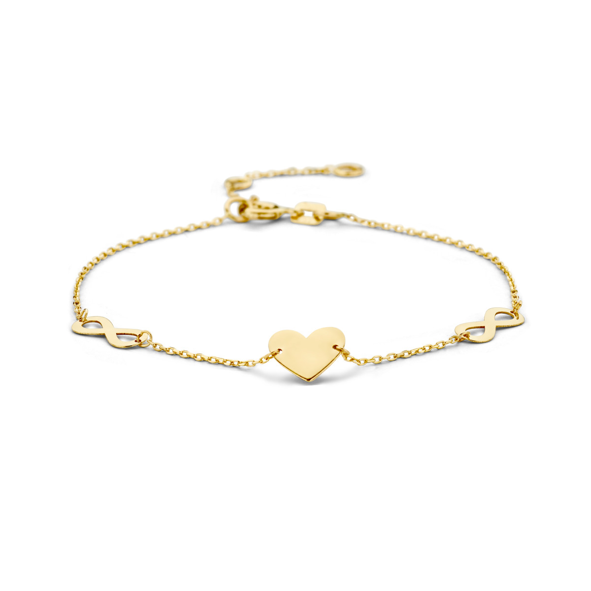 14-karaat gouden armband met infinity en hartje - Lengte 15.5 cm, 17 cm, 18.5 cm