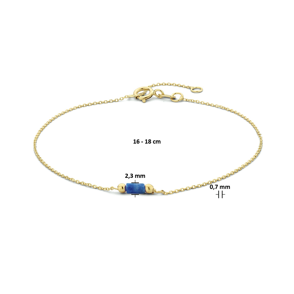 14-karaat gouden armband met lapis lazuli cilinder 2.3 mm breed - Lengte 16-18 cm