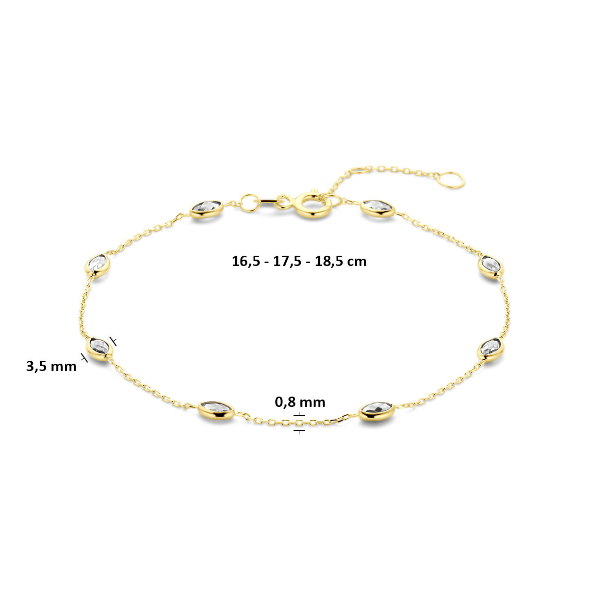 14-karaat gouden armband met ovale zirkonia's 3.5 mm breed - Lengte 16.5-17.5-18.5 cm