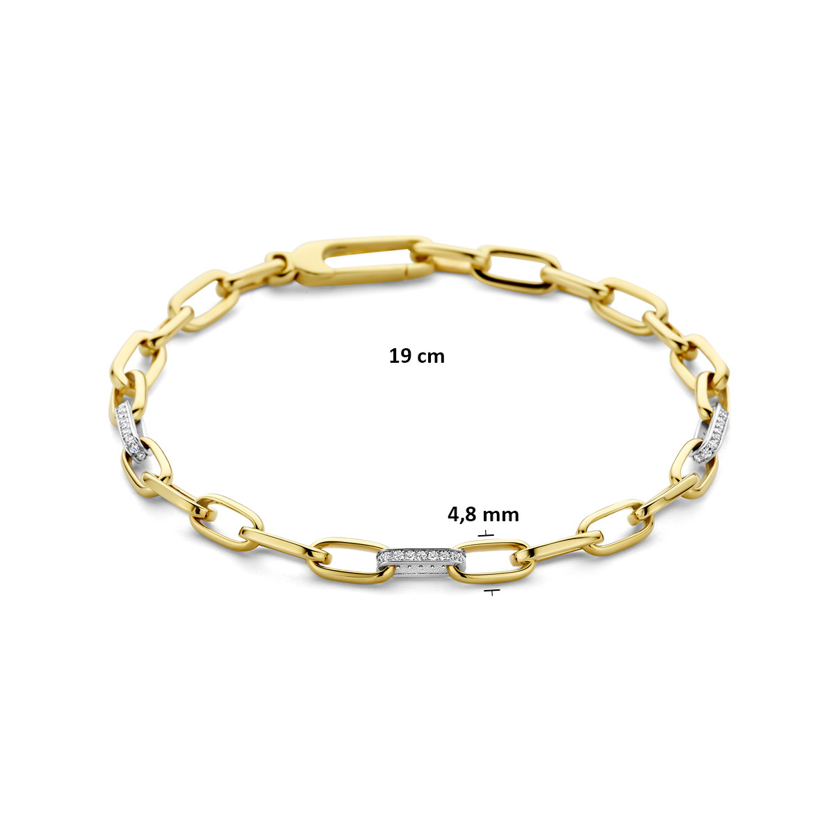 14-karaat gouden armband met paperclip schakels en 3 witgouden diamanten schakels 0.27 crt - Lengte 19 cm