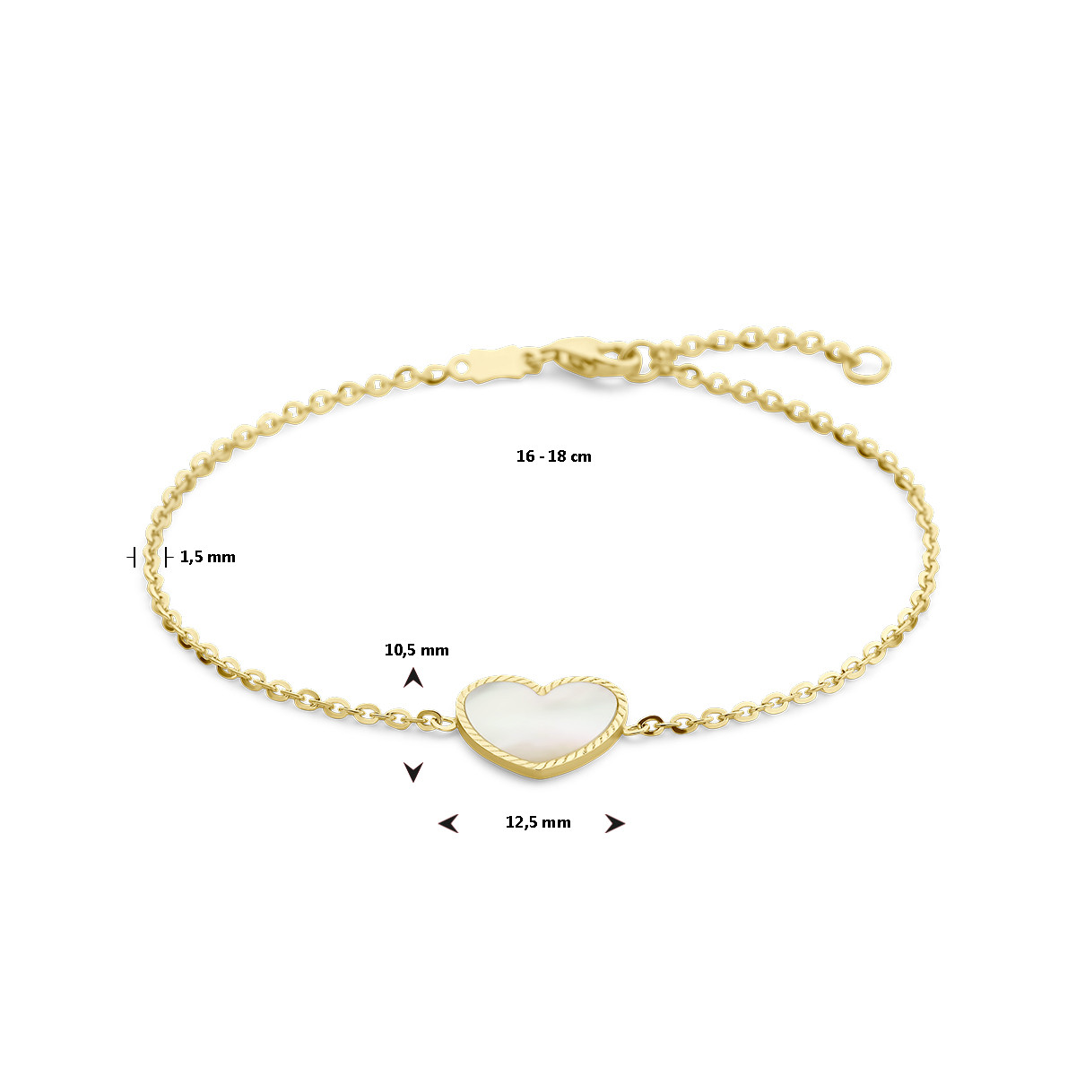14-karaat gouden armband met parelmoeren hart - Lengte 16-18 cm