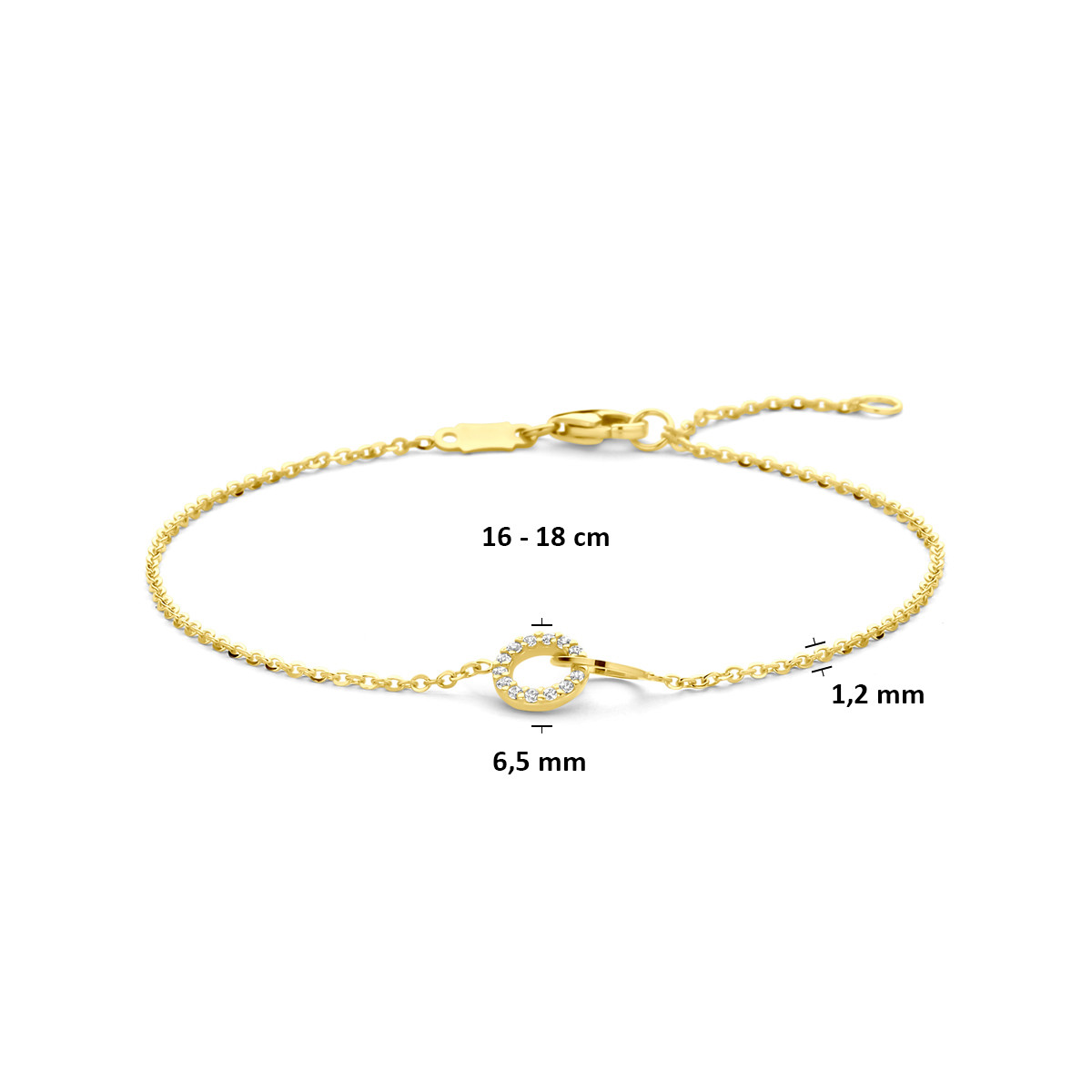 14-karaat gouden armband met ronde open zirkonia hanger 1.2 mm breed - Lengte 16-18 cm