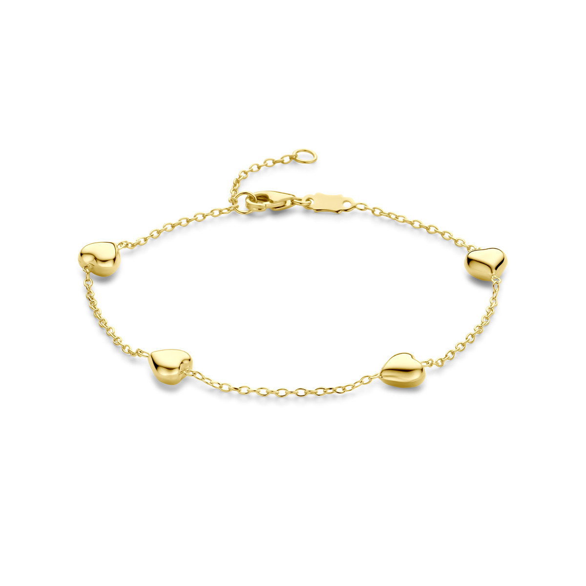 14-karaat gouden armband met vier hartjes 5.5 mm breed - Lengte 16-18 cm