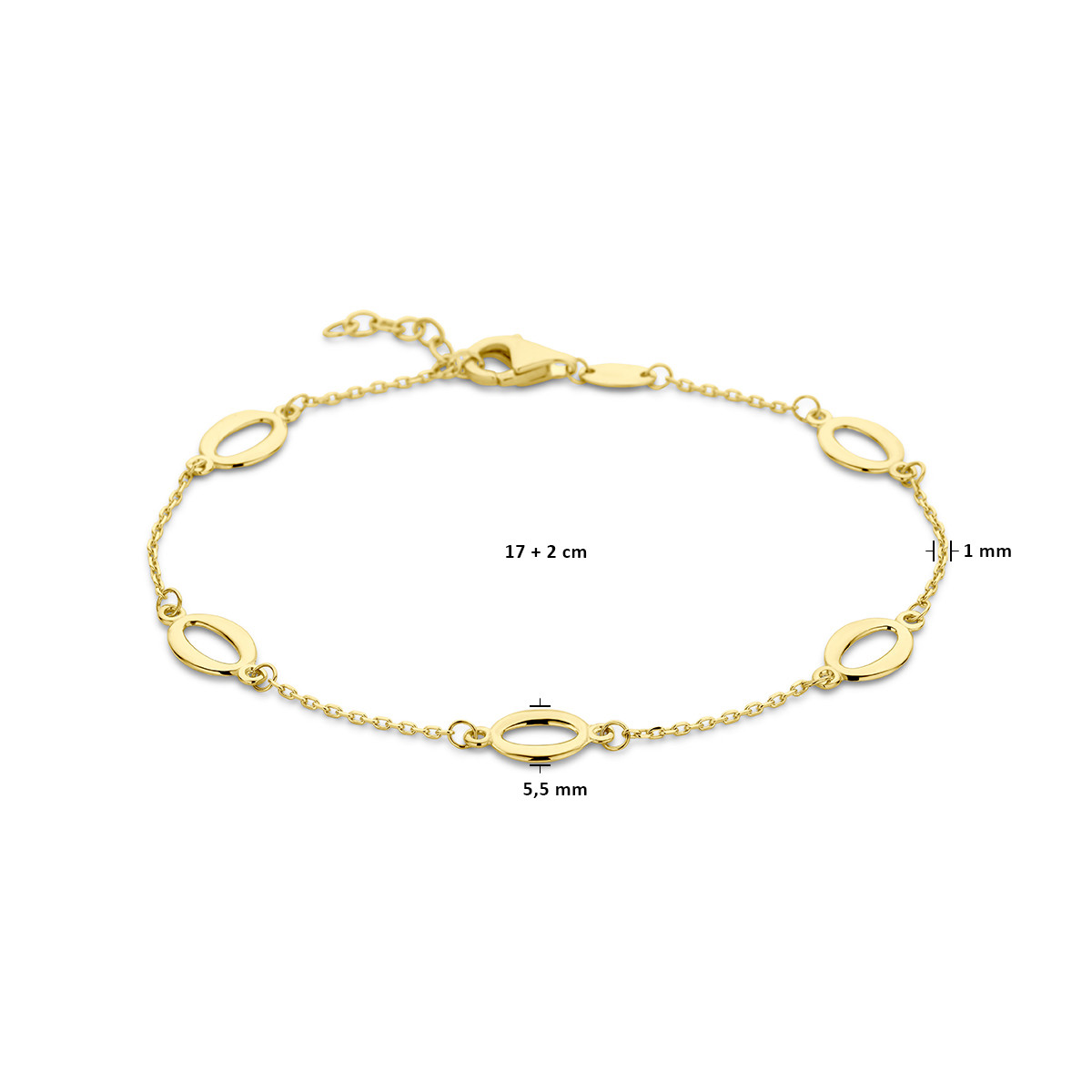 14-karaat gouden armband met vijf ovalen 5.5 mm - Lengte 17-19 cm