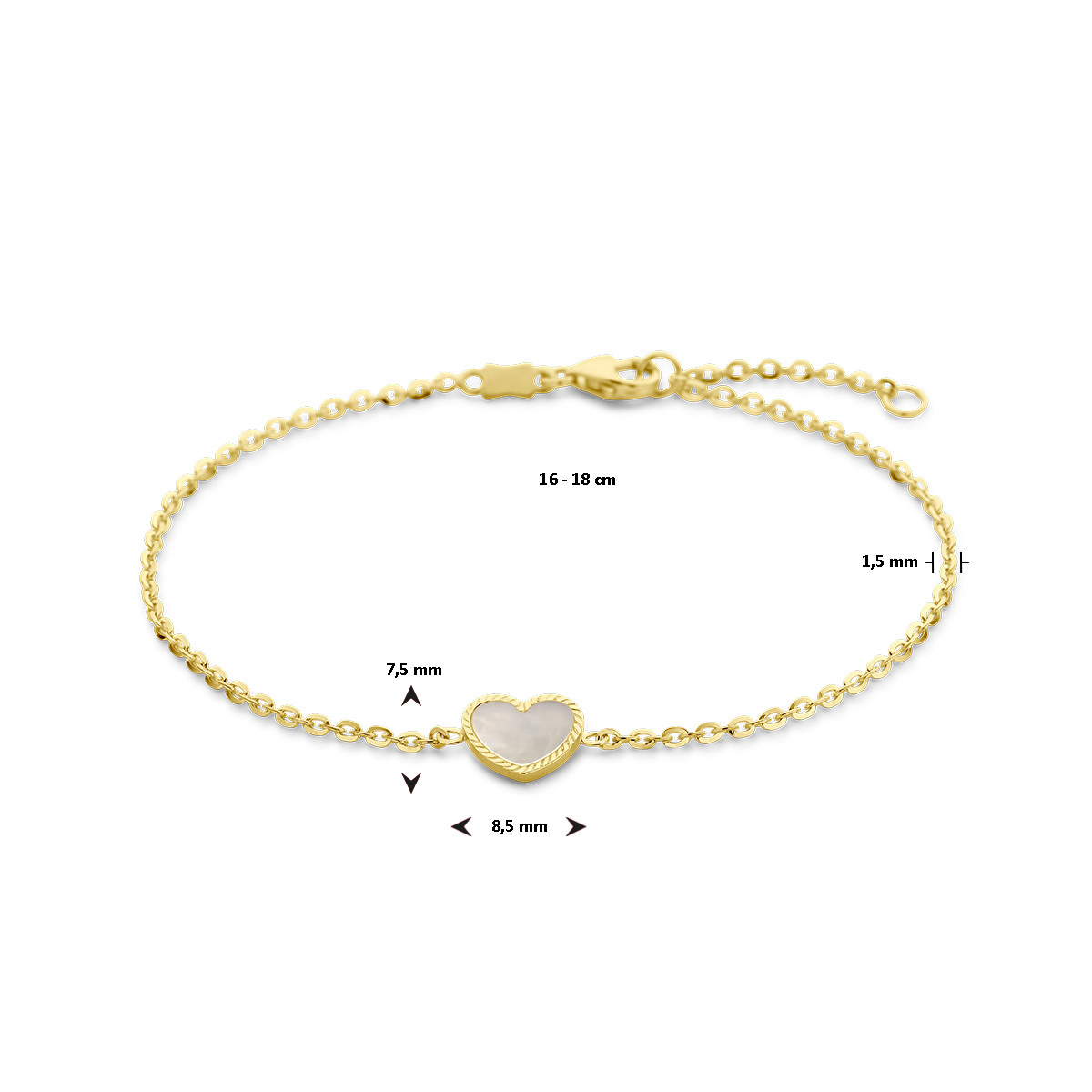 14-karaat gouden armband met wit hart van paremoer - Lengte 16-18 cm