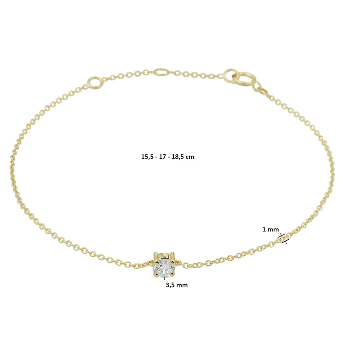 14-karaat gouden armband met zirkonia en ankerschakel 1 mm breed - Lengte 15.5-17-18.5 cm