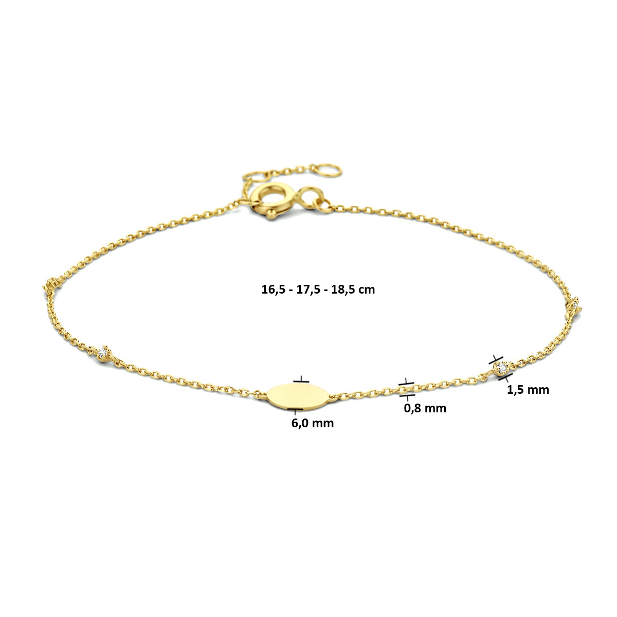 14-karaat gouden armband met zirkonia's anker schakels 6 mm breed - Lengte 16.5-17.5-18.5 cm