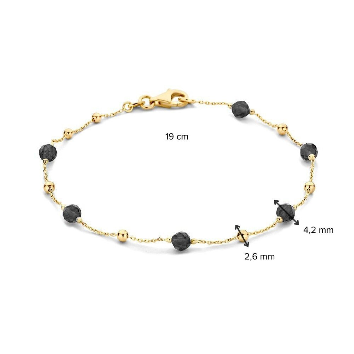 14-karaat gouden armband met zwarte zirkonia bolletjes - Lengte 19 cm