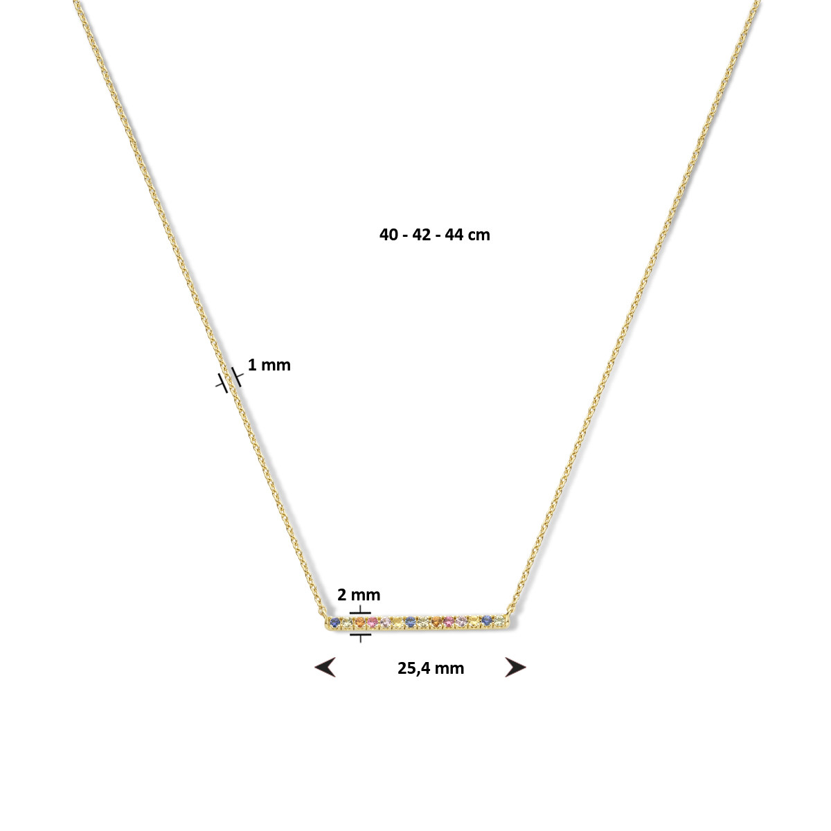 14-karaat gouden barketting met regenboog saffier 1 mm - Lengte 40 - 42 - 44 cm
