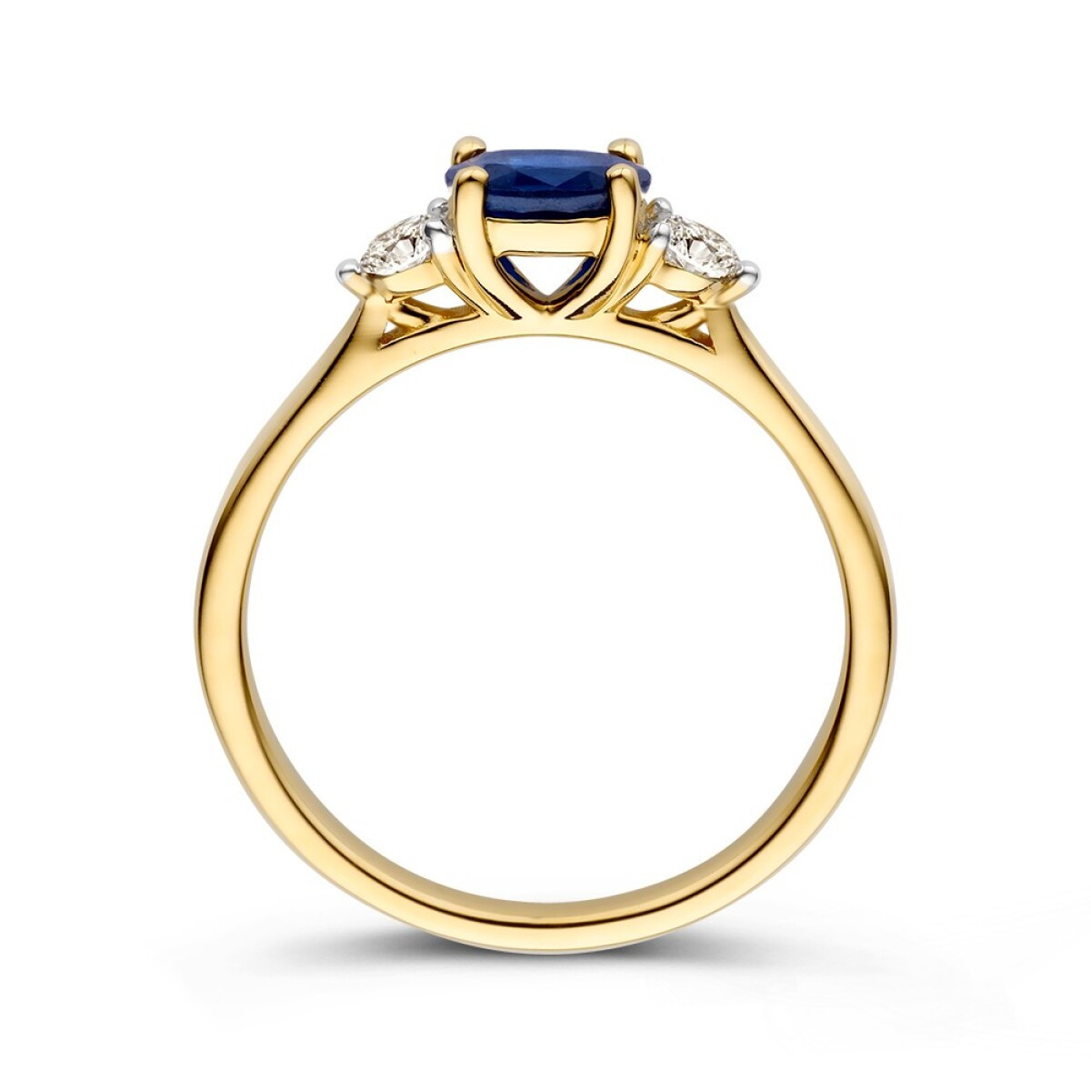14-karaat gouden blauwe saffier ring 0.60 crt met diamanten 0.16 crt 4.3 mm breed