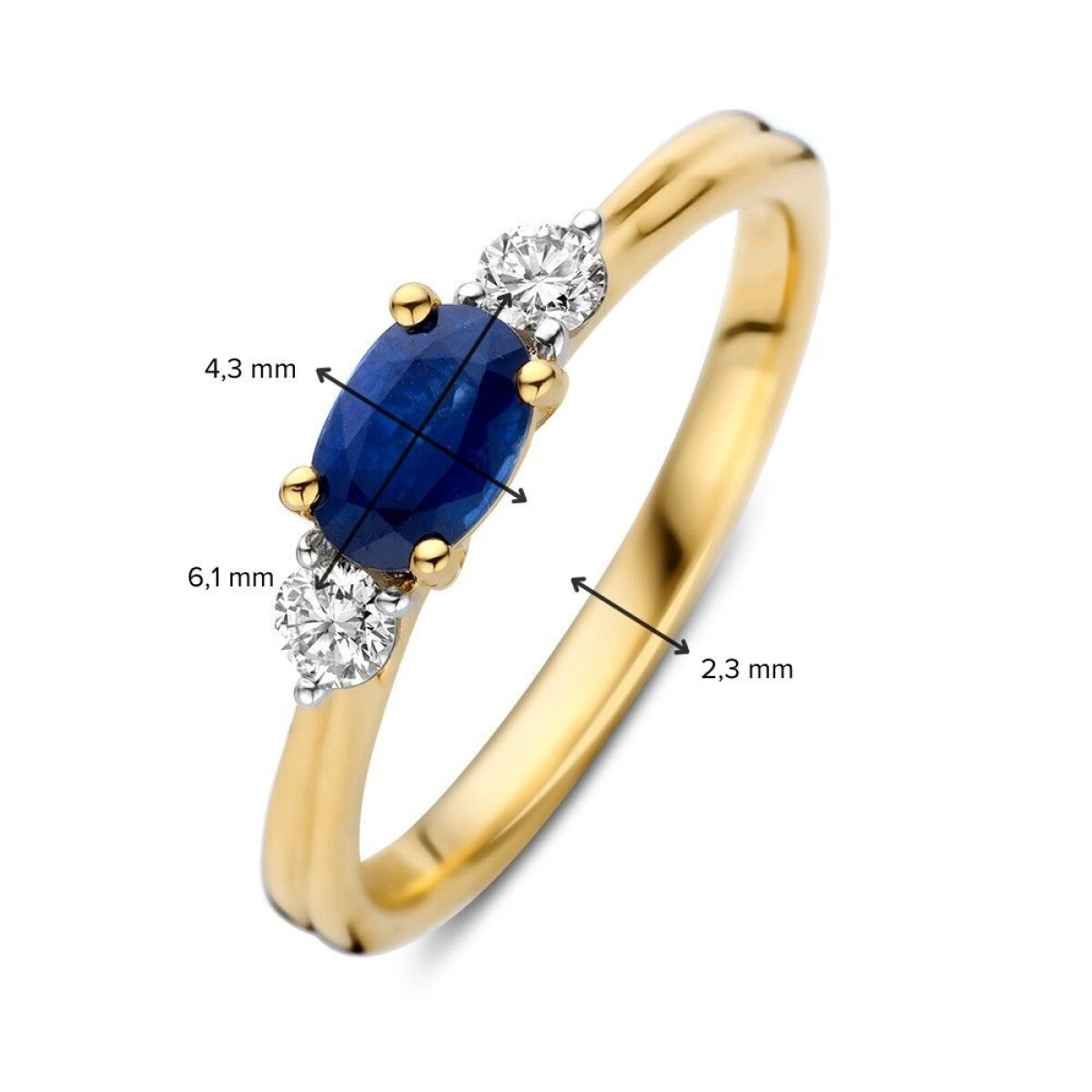 14-karaat gouden blauwe saffier ring 0.60 crt met diamanten 0.16 crt 4.3 mm breed