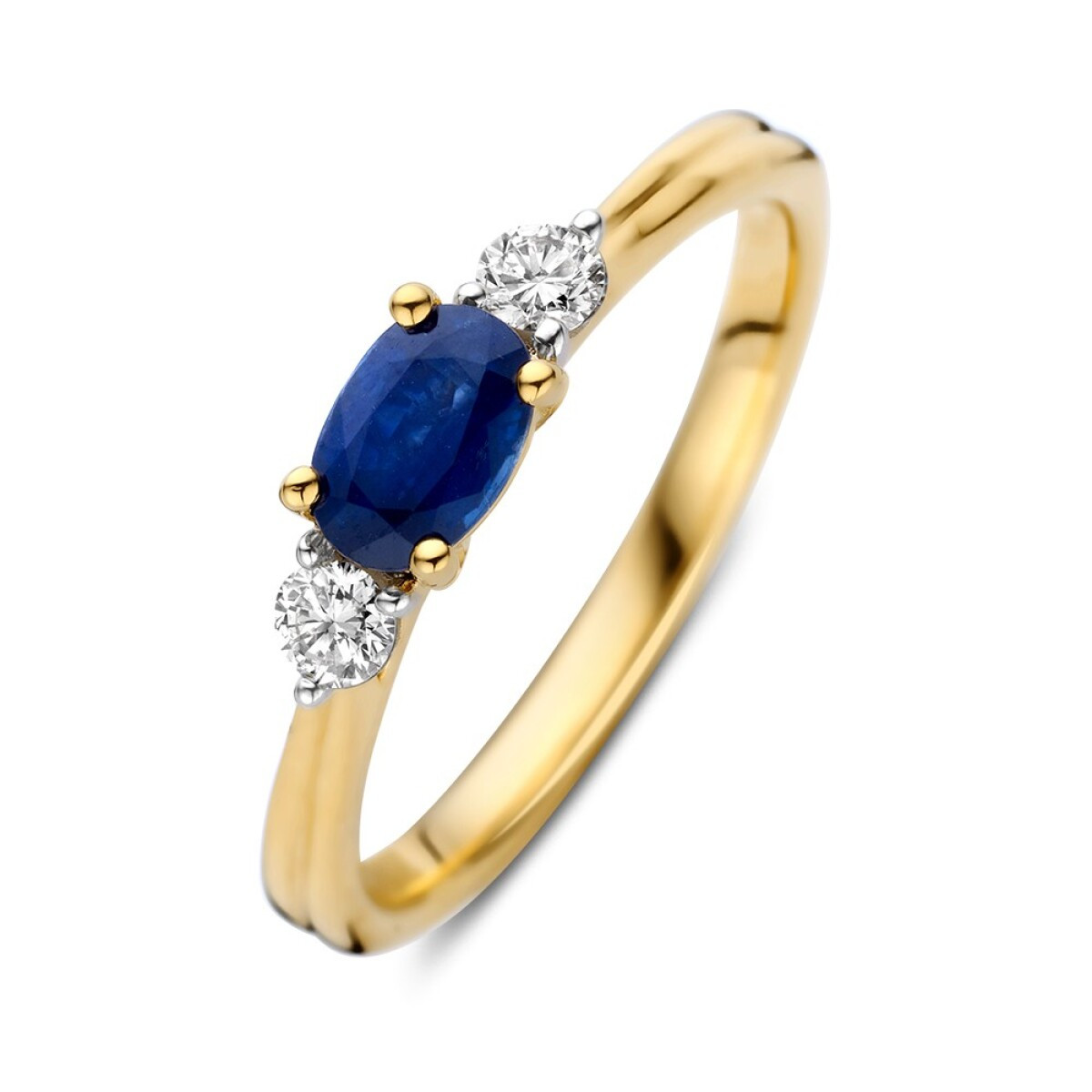 14-karaat gouden blauwe saffier ring 0.60 crt met diamanten 0.16 crt 4.3 mm breed