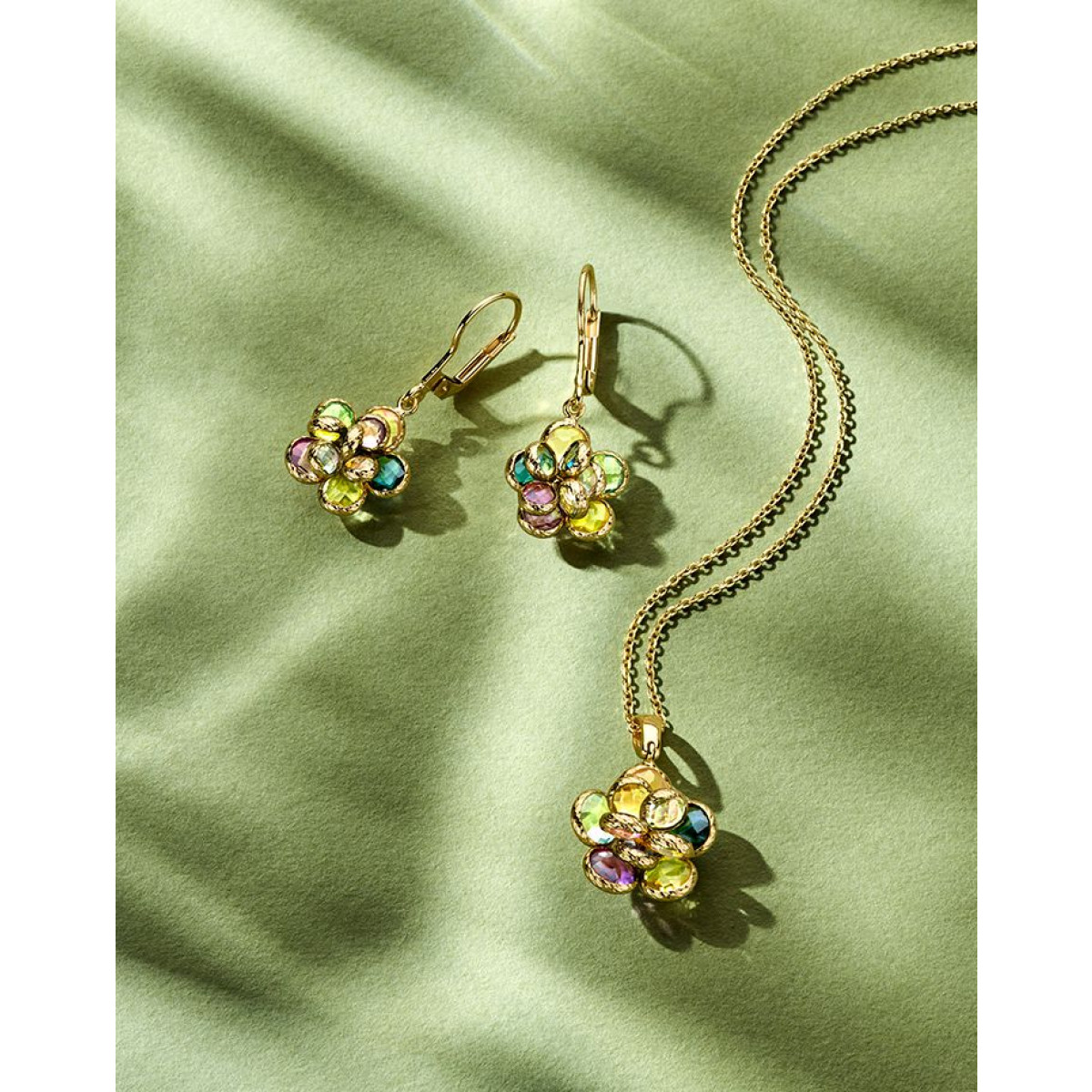 14-karaat gouden bloem ketting met amethist, rozekwarts en topaas - Lengte 42 cm