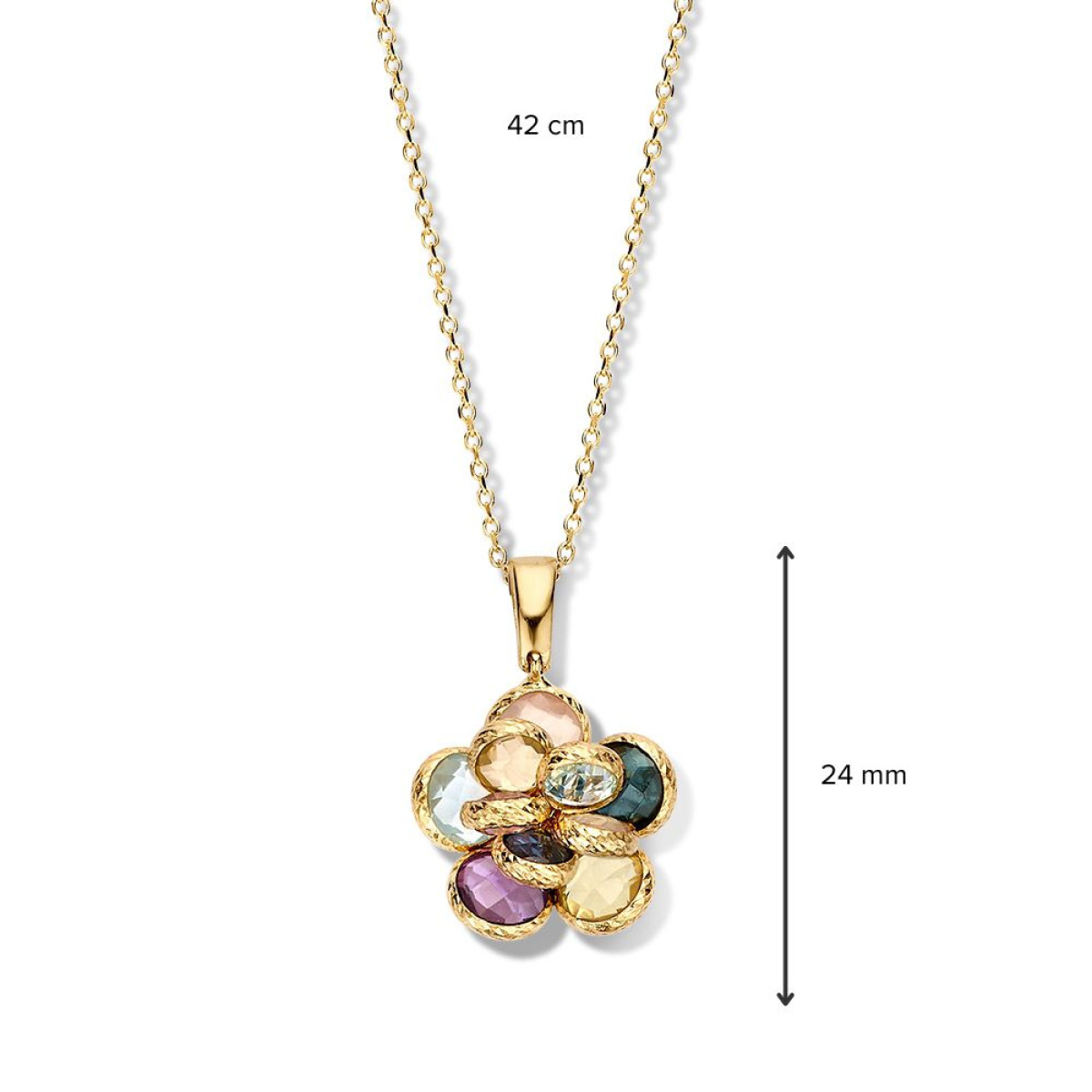 14-karaat gouden bloem ketting met amethist, rozekwarts en topaas - Lengte 42 cm